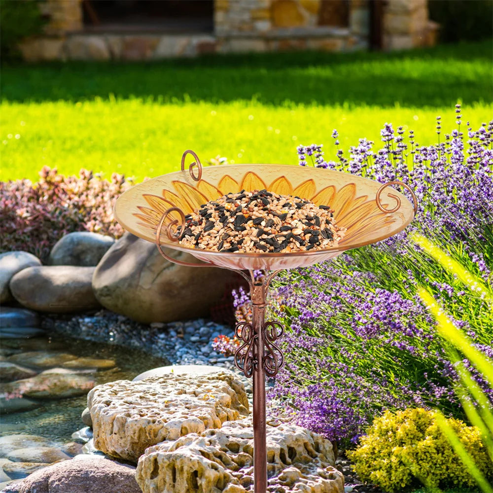 Glass Bird Bath Garden Outdoor Birdbath Birdfeeder with Metal Stake