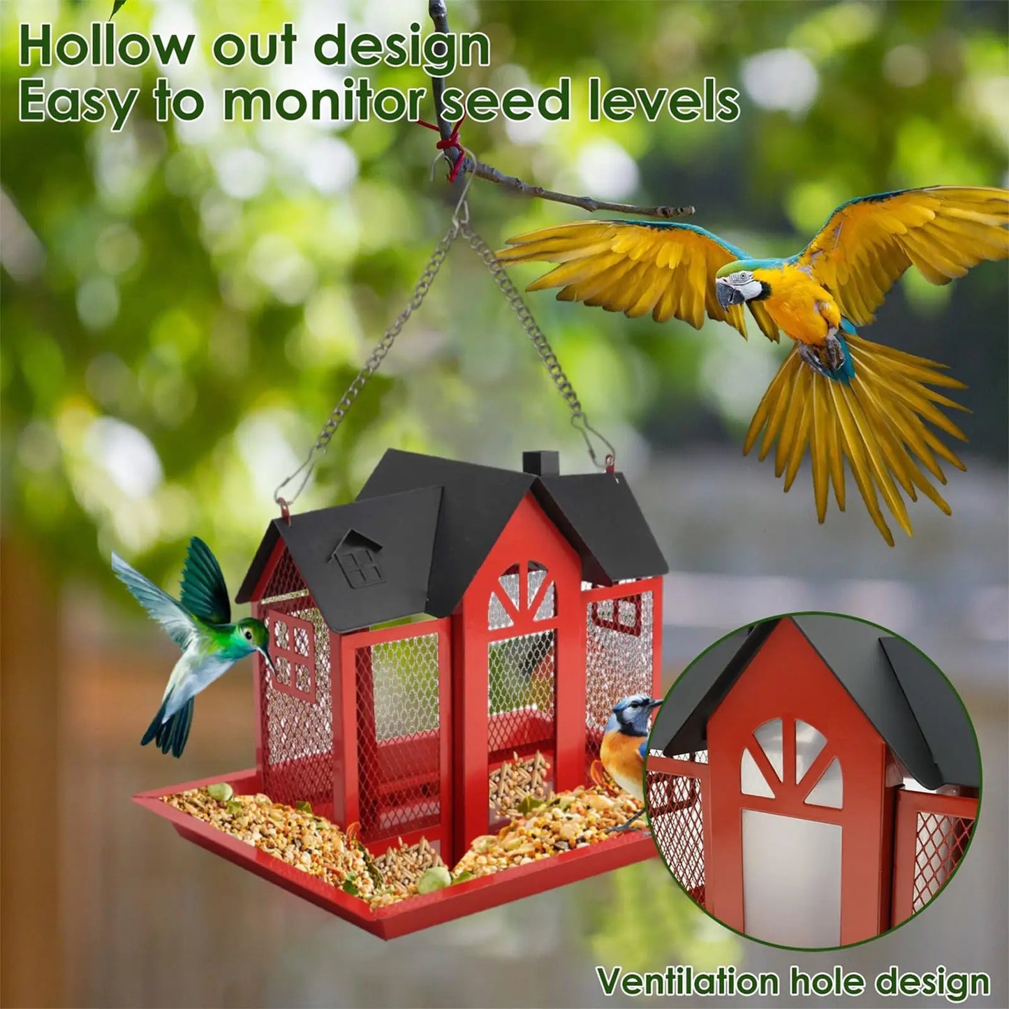Large Birdhouse with Metal Mesh Cover and Seed Tray, Weather-Resistant Metal Outdoor Garden Courtyard Decoration Bird Feeding Station,