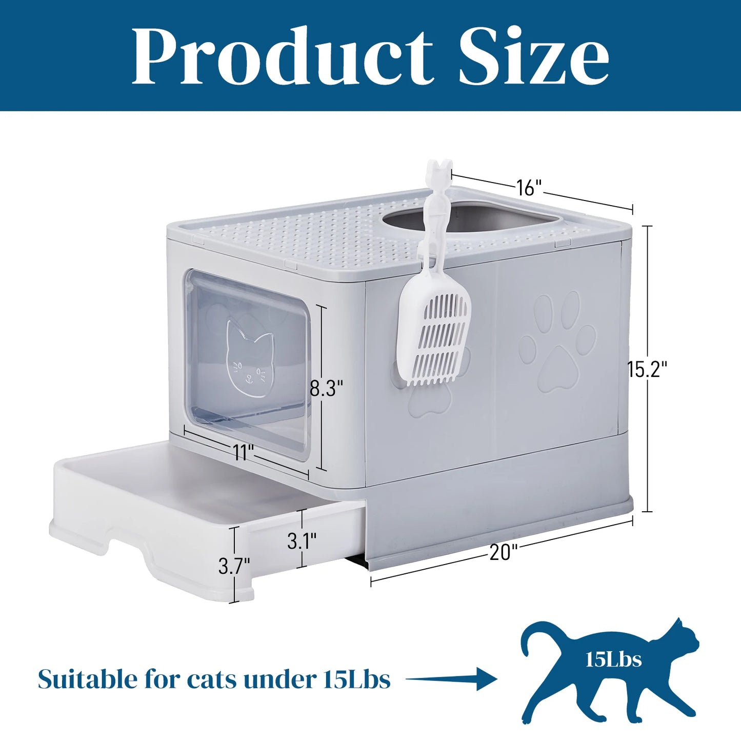 Large Enclosed Cat Litter Box with Lid Cover, Detachable Cat Toilet with Litter Scoop Slide Out Tray Front Entry Top Exit Door