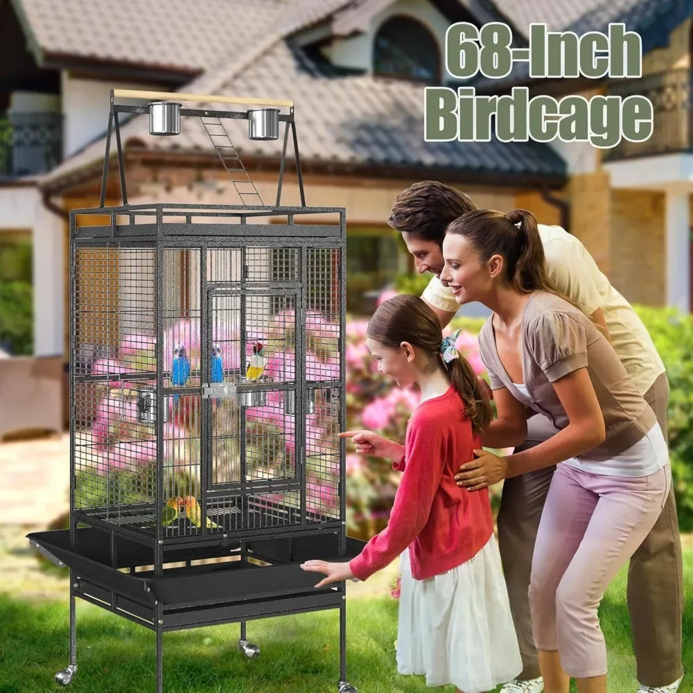 Wrought Iron Bird Cage with Rolling Stand, Heavy-Duty Pet Bird House