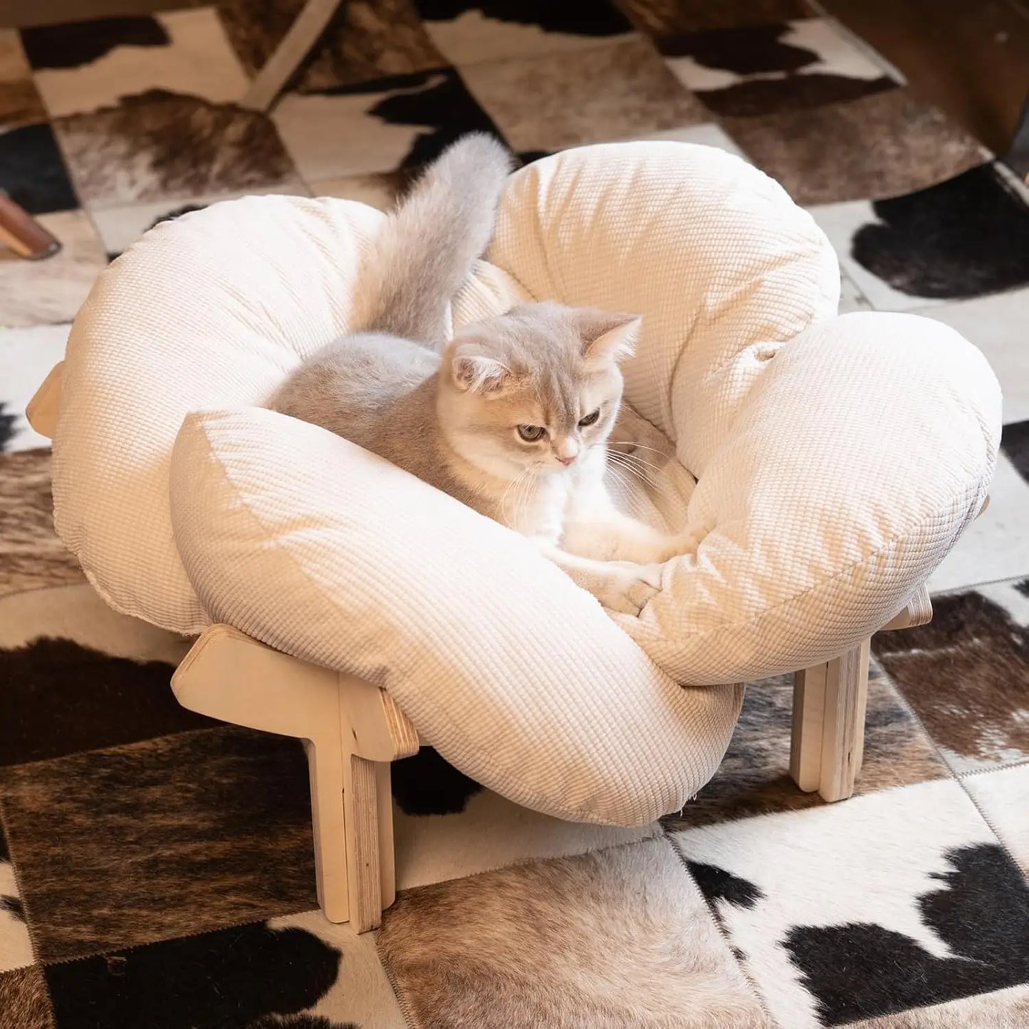 Elevated Cat Bed with Cushion, Wooden Pet Sofa for Indoor Cats and Small Dogs,