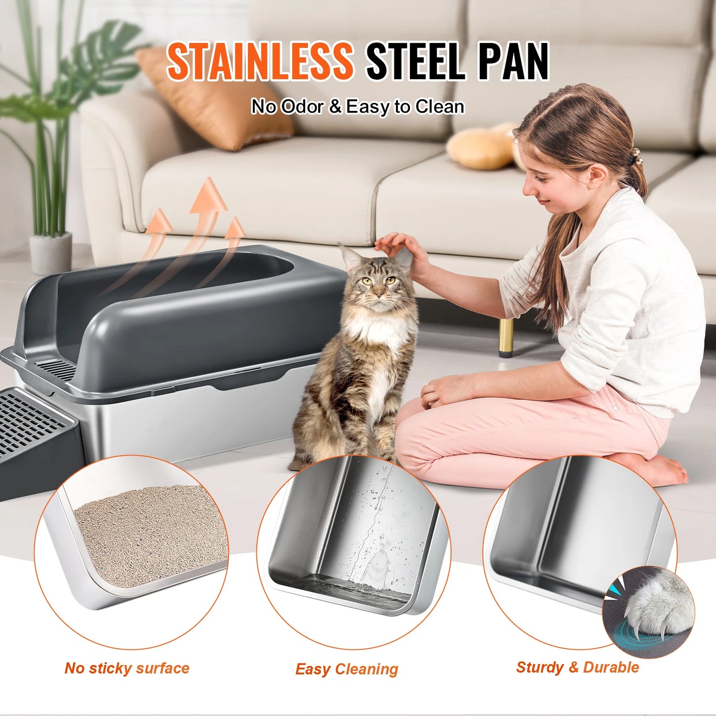 SucceBuy Cat Litter Box 6 inches Deep Extra Large Stainless Steel Cat Litter Box with Scoop Wide Filtering Foot Board&High Sides
