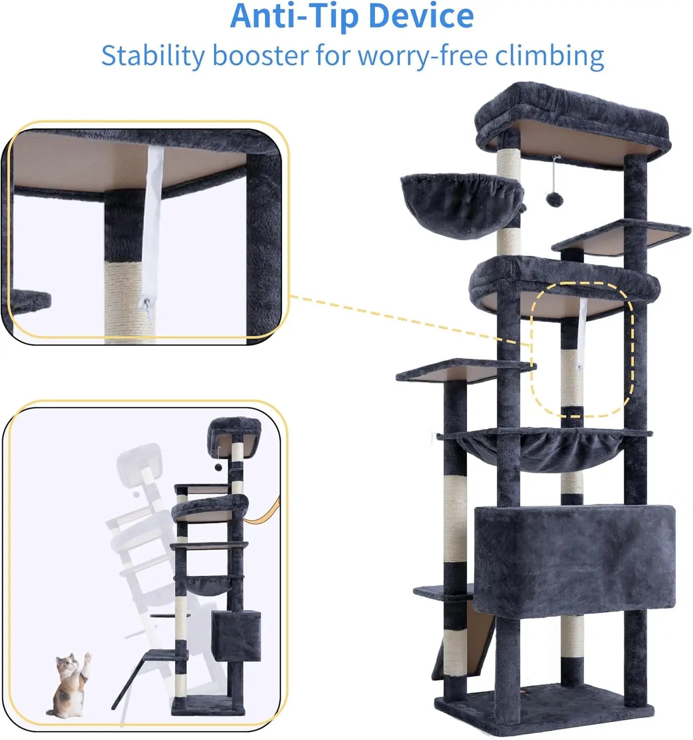 80-Inch Multi-Level Cat Tower for Large Indoor Cats with Spacious Perches, Scratching Board, and Caves in Smoky Gray