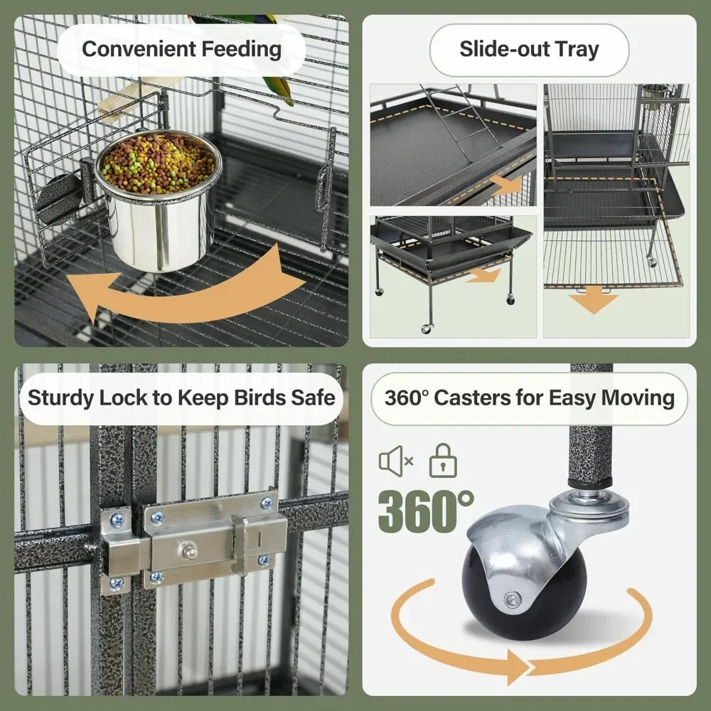 Wrought Iron Bird Cage with Rolling Stand, Heavy-Duty Pet Bird House