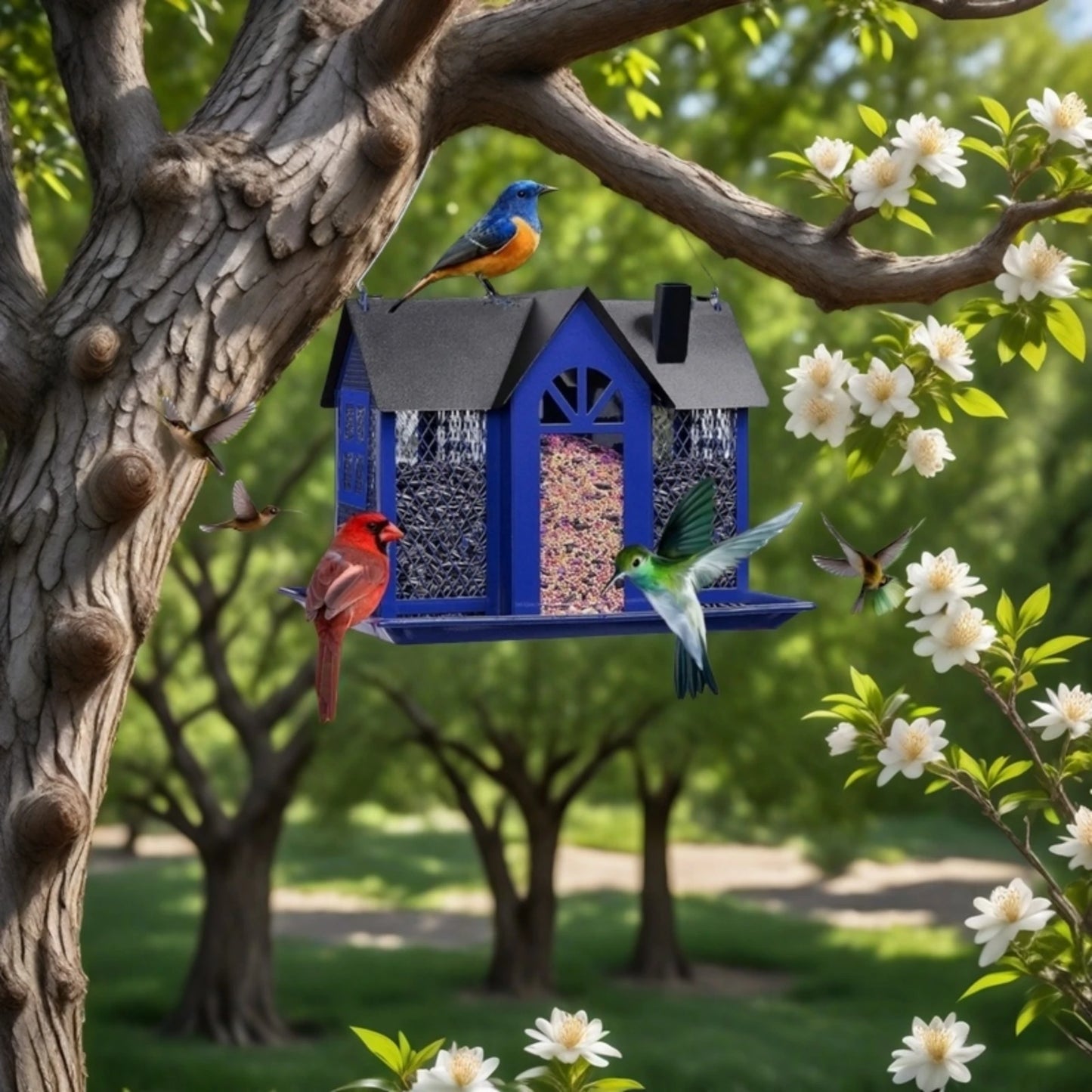 Large Birdhouse with Metal Mesh Cover and Seed Tray, Weather-Resistant Metal Outdoor Garden Courtyard Decoration Bird Feeding Station,
