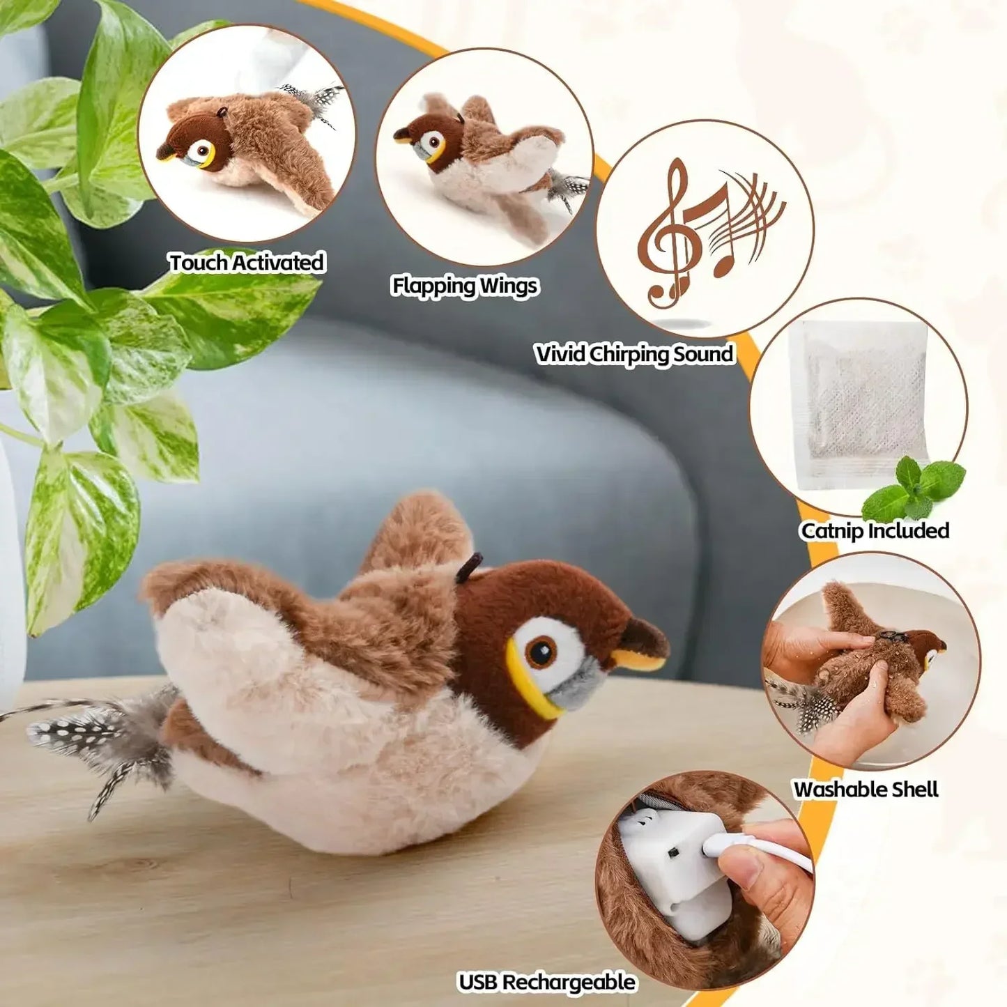 Rechargeable Chirping Flapping Bird Catnip Touch Acti vated Squeak Plush Toy Pet