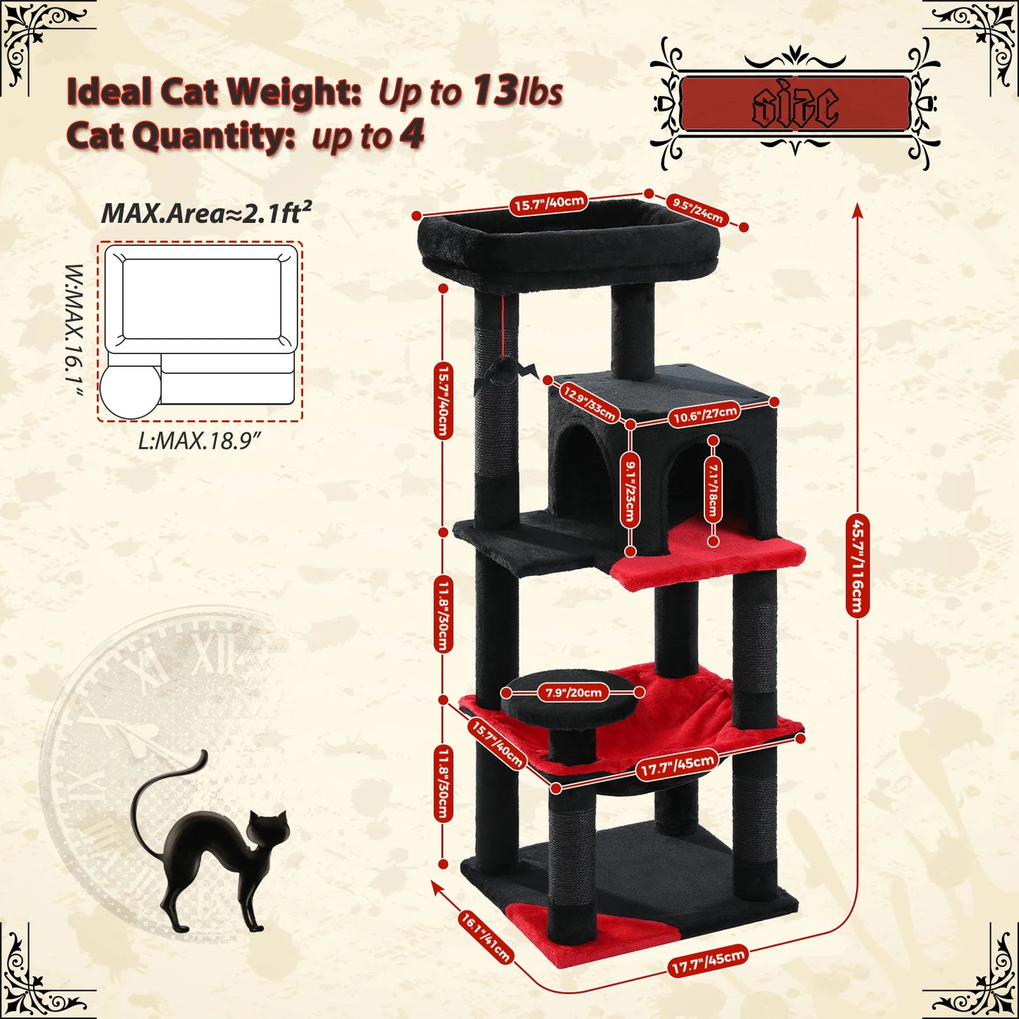 Gothic Cat Tree for Indoor Cats, Tall Cat Tower with Super Large Hammock, Sisal Covered Scratching Post
