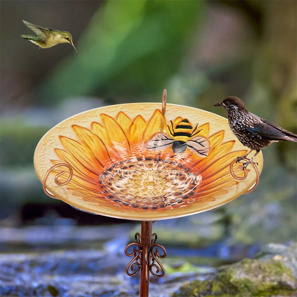 Glass Bird Bath Garden Outdoor Birdbath Birdfeeder with Metal Stake
