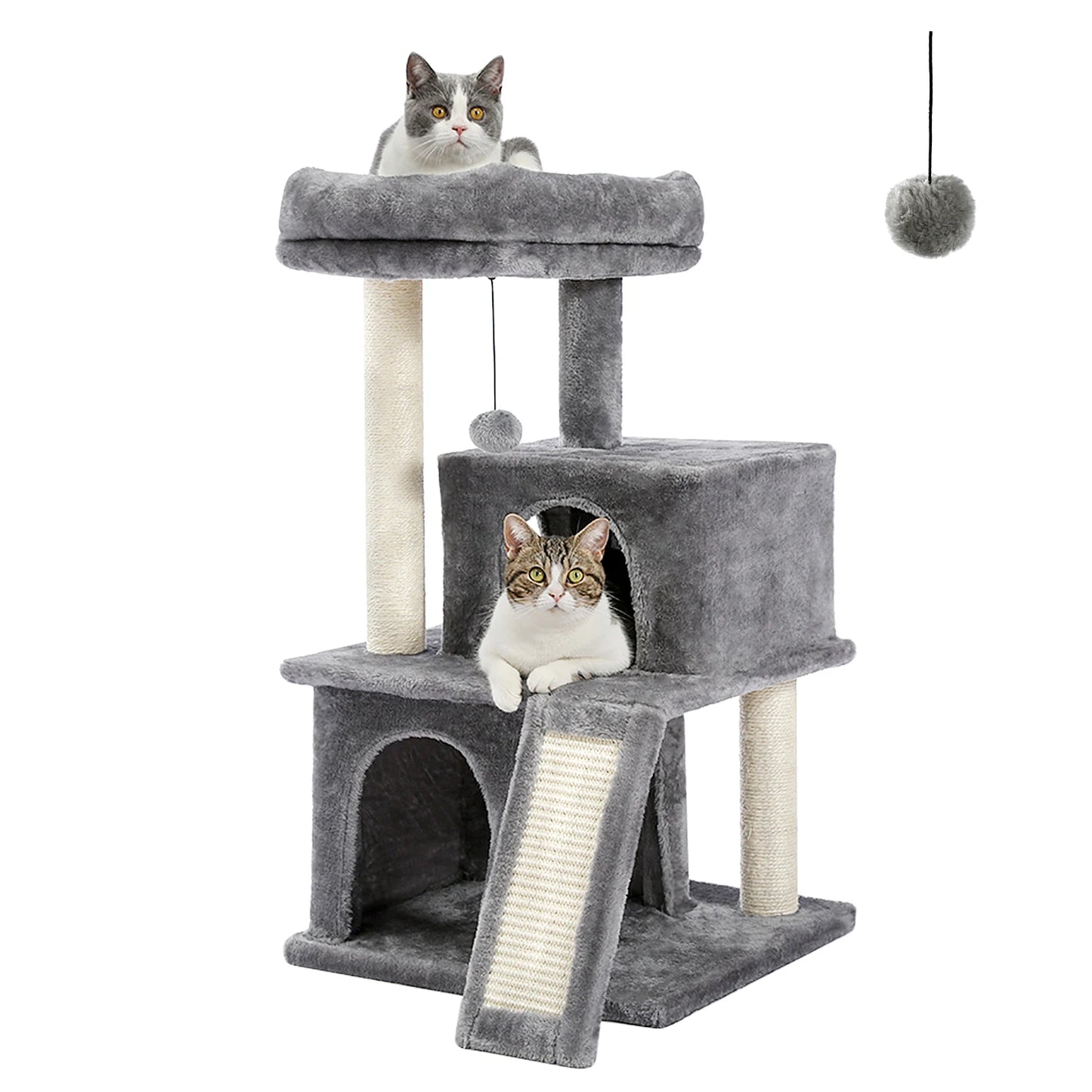 Multi-level Cat Tree with Spacious Perch,Double Condos,Fully Wrapped Scratching Sisal Post