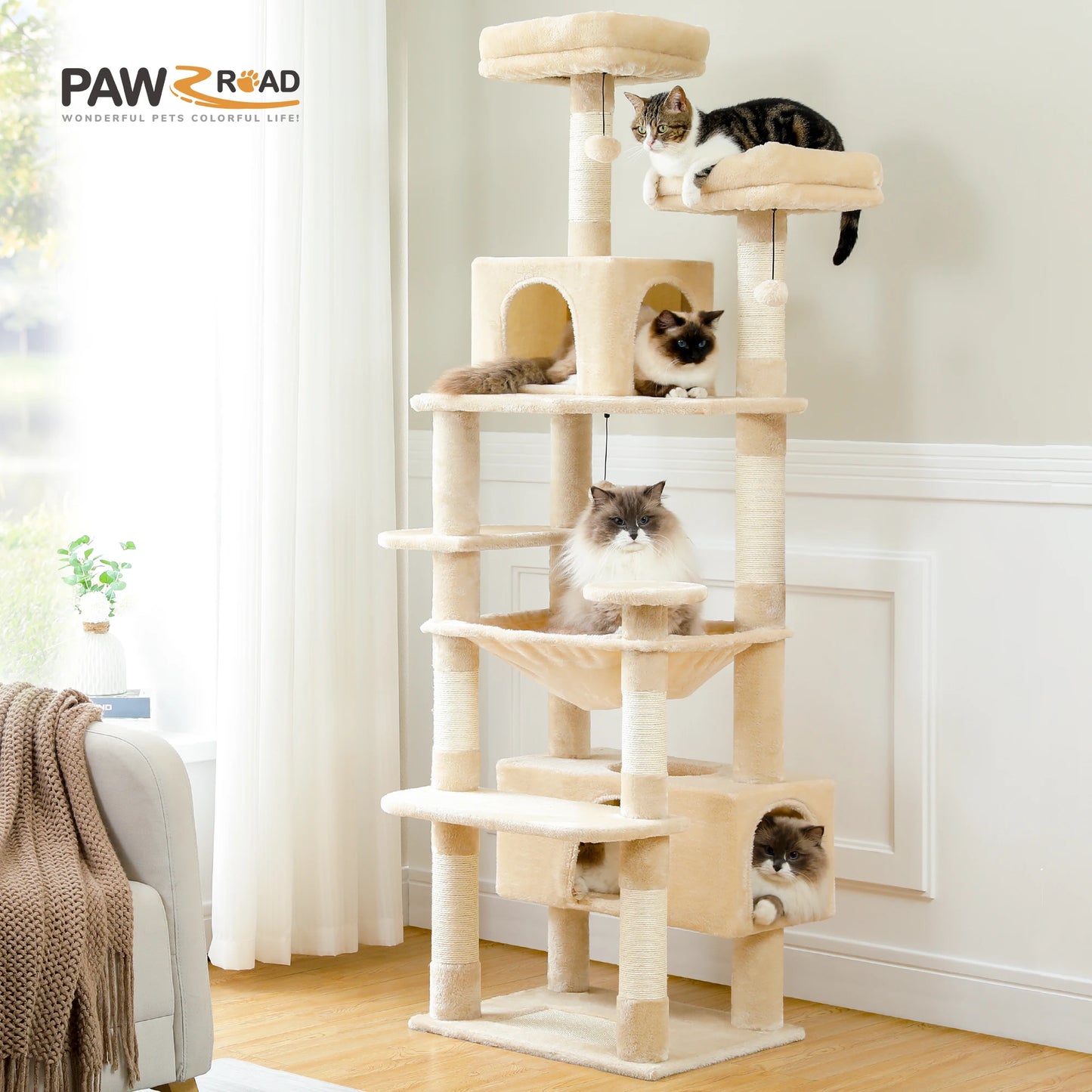 Multi-Level Cat Tree Tower with Scratching Posts&Board, Hammock, Cat Condo,