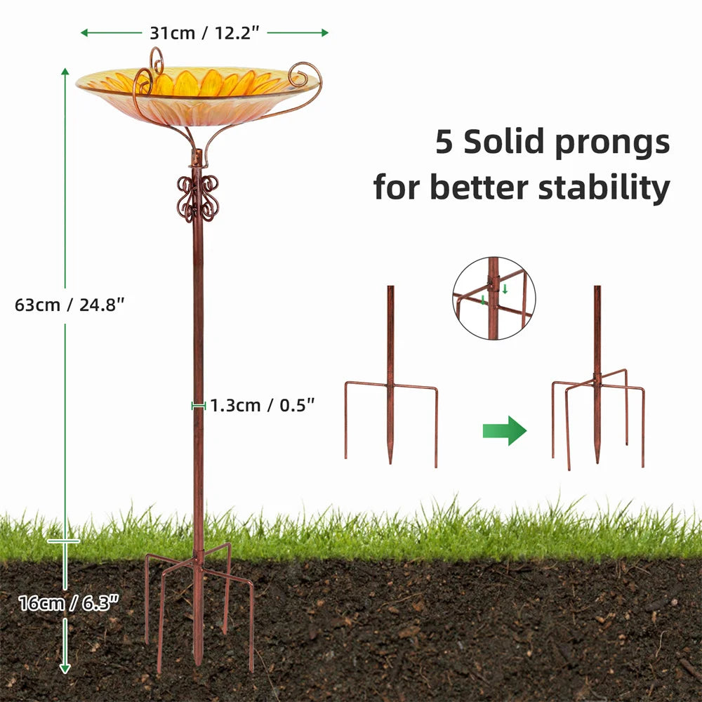 Glass Bird Bath Garden Outdoor Birdbath Birdfeeder with Metal Stake