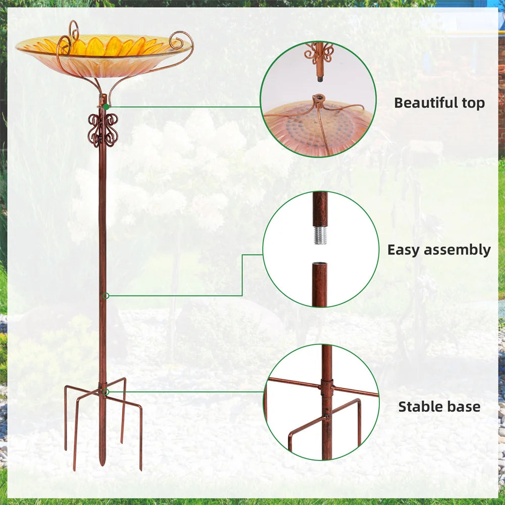 Glass Bird Bath Garden Outdoor Birdbath Birdfeeder with Metal Stake
