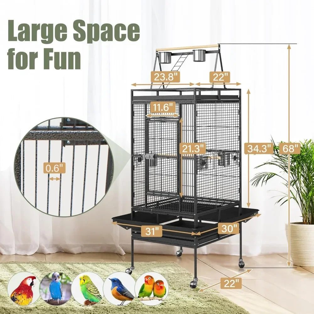 Wrought Iron Bird Cage with Rolling Stand, Heavy-Duty Pet Bird House