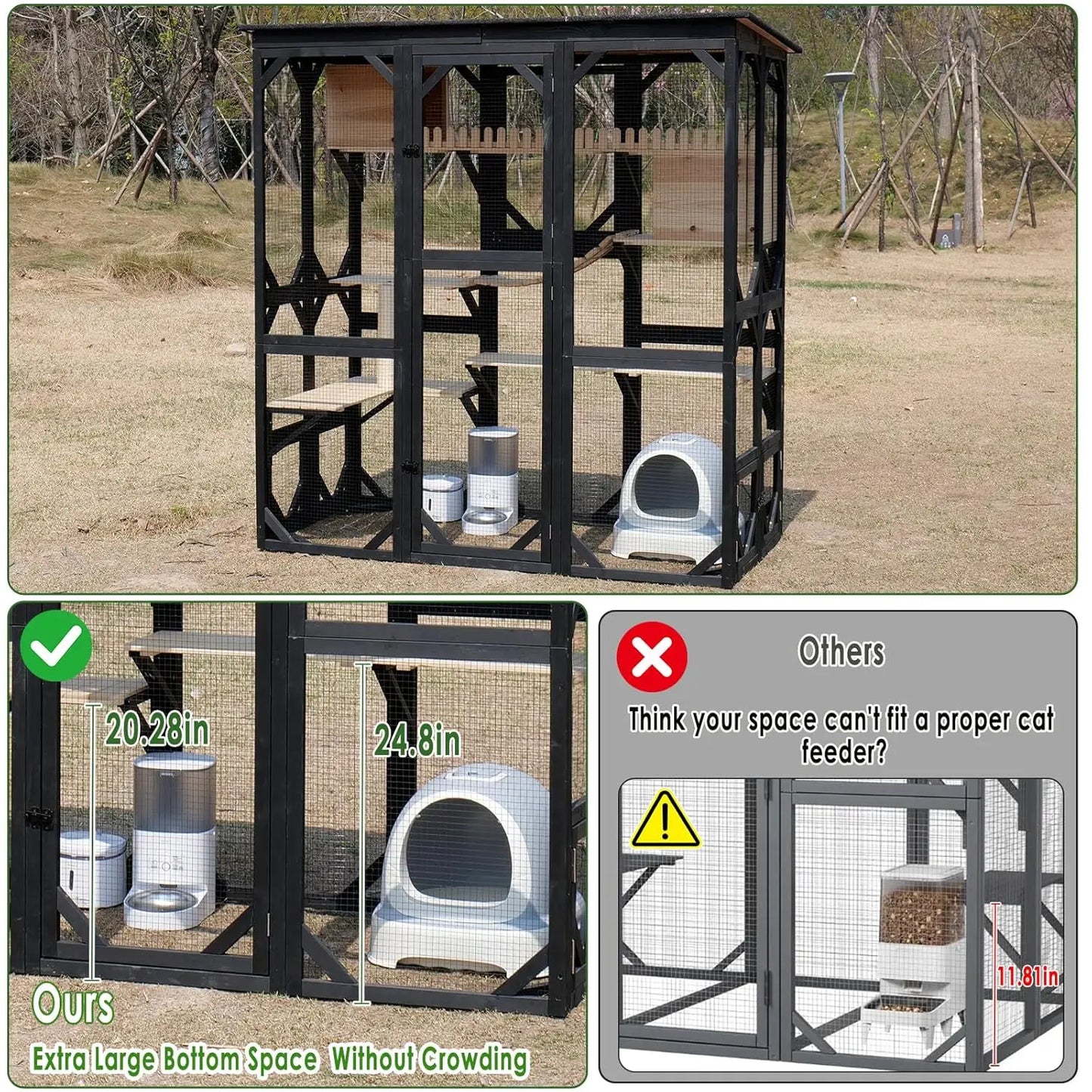 Outdoor Wooden Cat Enclosure House Multi-Cat Walk-in Cage Window Access Weather-Proof Asphalt Roof, Customized