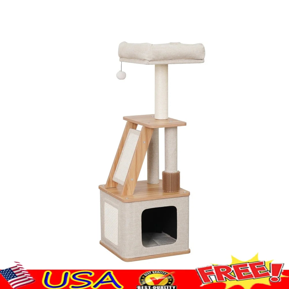 Cat Tree with Condo Perch Sisal Scratcher Double Scratching Post Interactive Toy Rubber Grooming Brush Indoor Cat