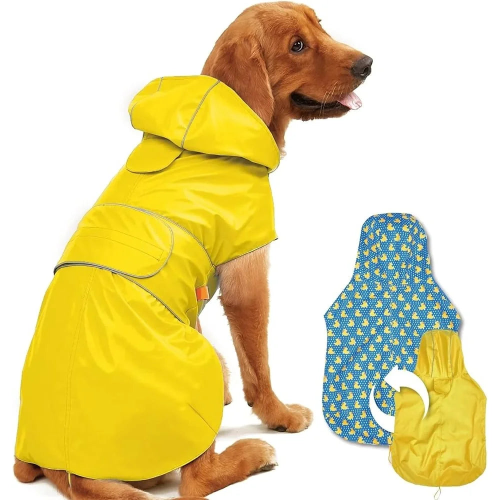 Reversible Waterproof Dog Raincoat Adjustable Slicker Poncho with Leash Hole