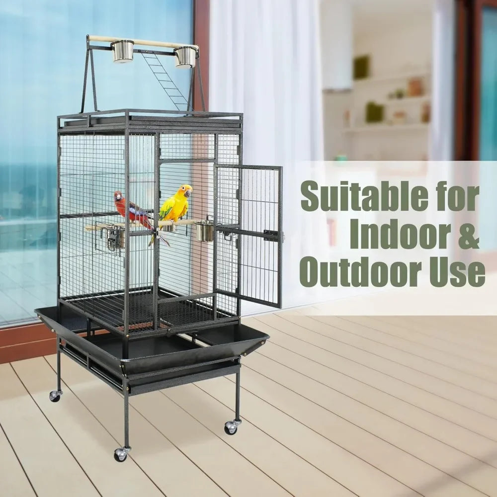 Wrought Iron Bird Cage with Rolling Stand, Heavy-Duty Pet Bird House