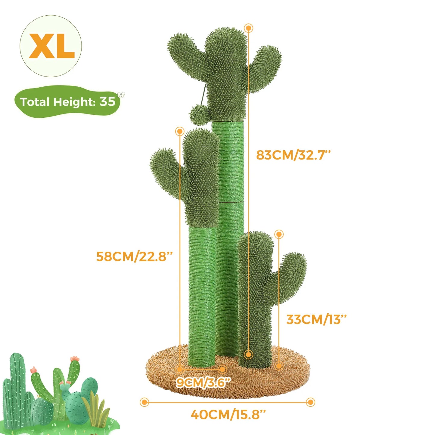 Cactus Cat Scratcher with 3 Sisal Scratching Poles Interactive Dangling Ball Cat Toys