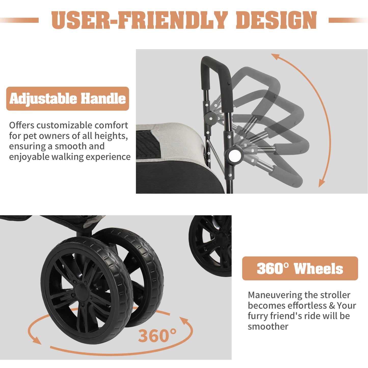 Adjustable Handle Dog Stroller, Jogger Stroller Grey Foldable Wagon Dog Dog Stroller with 4 Wheels