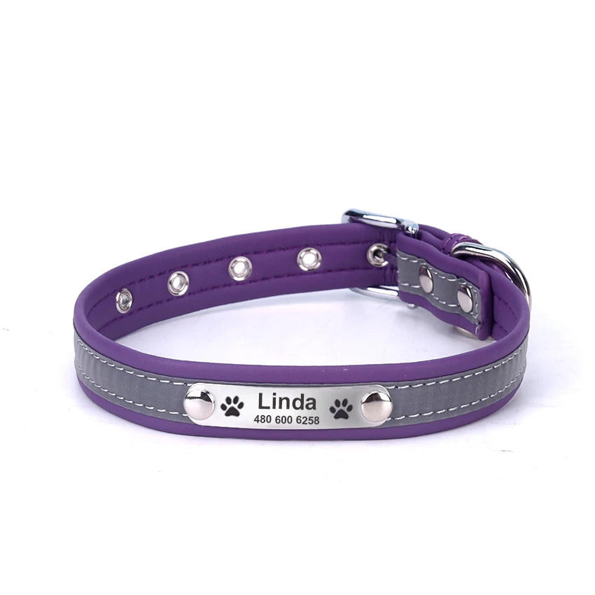 Personalized Dog Collar Leather Reflective Cat Collar Custom Engraved ID Tag Engraved
