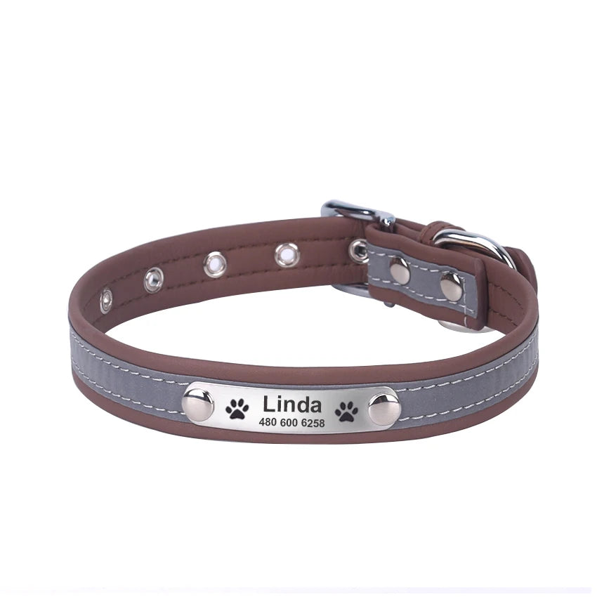 Personalized Dog Collar Leather Reflective Cat Collar Custom Engraved ID Tag Engraved