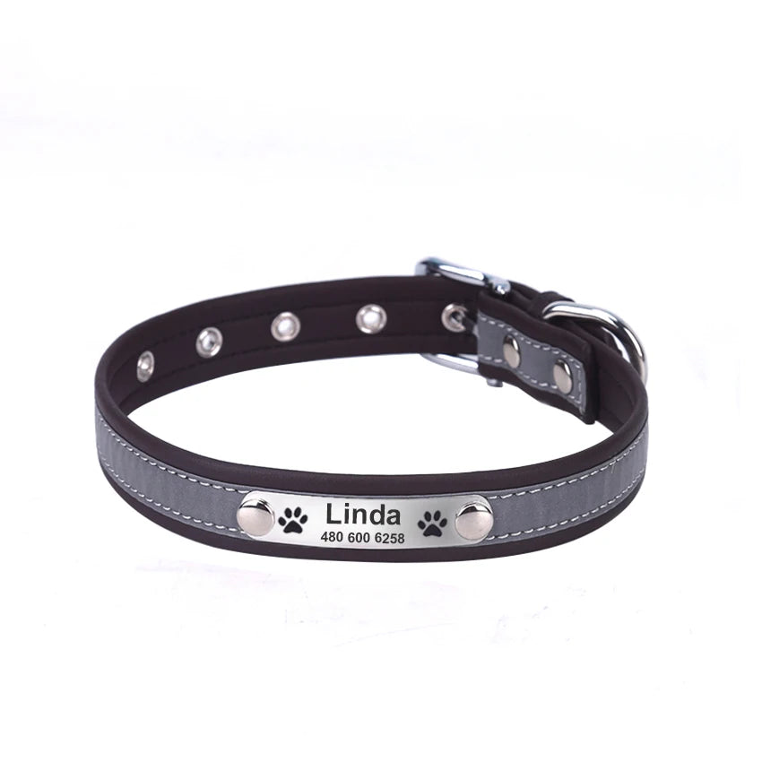 Personalized Dog Collar Leather Reflective Cat Collar Custom Engraved ID Tag Engraved