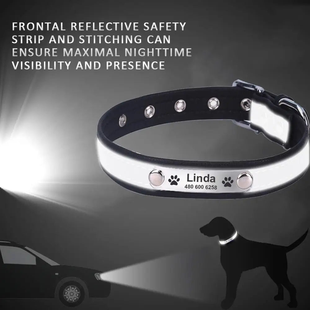 Personalized Dog Collar Leather Reflective Cat Collar Custom Engraved ID Tag Engraved