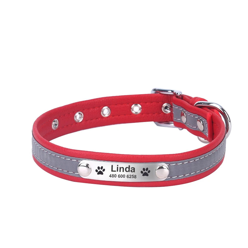Personalized Dog Collar Leather Reflective Cat Collar Custom Engraved ID Tag Engraved