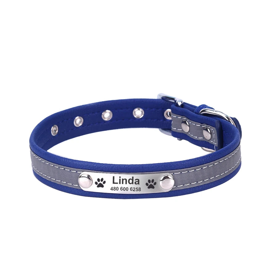 Personalized Dog Collar Leather Reflective Cat Collar Custom Engraved ID Tag Engraved