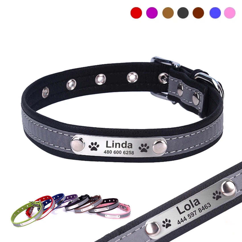 Personalized Dog Collar Leather Reflective Cat Collar Custom Engraved ID Tag Engraved