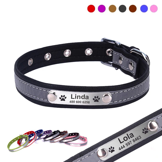 Personalized Dog Collar Leather Reflective Cat Collar Custom Engraved ID Tag Engraved