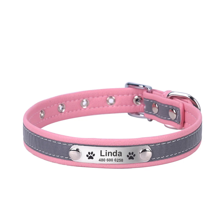 Personalized Dog Collar Leather Reflective Cat Collar Custom Engraved ID Tag Engraved