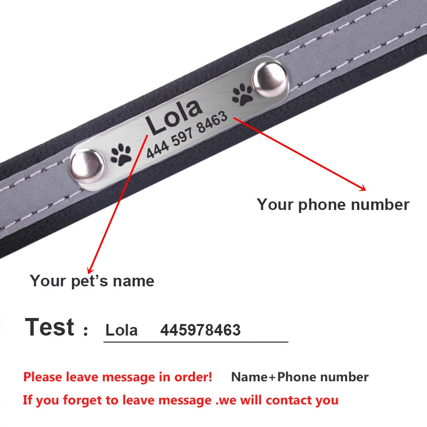 Personalized Dog Collar Leather Reflective Cat Collar Custom Engraved ID Tag Engraved