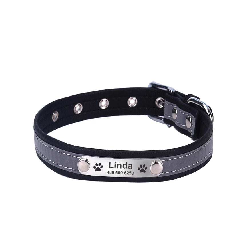 Personalized Dog Collar Leather Reflective Cat Collar Custom Engraved ID Tag Engraved