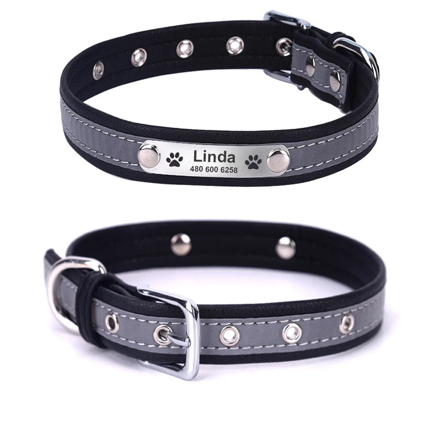 Personalized Dog Collar Leather Reflective Cat Collar Custom Engraved ID Tag Engraved