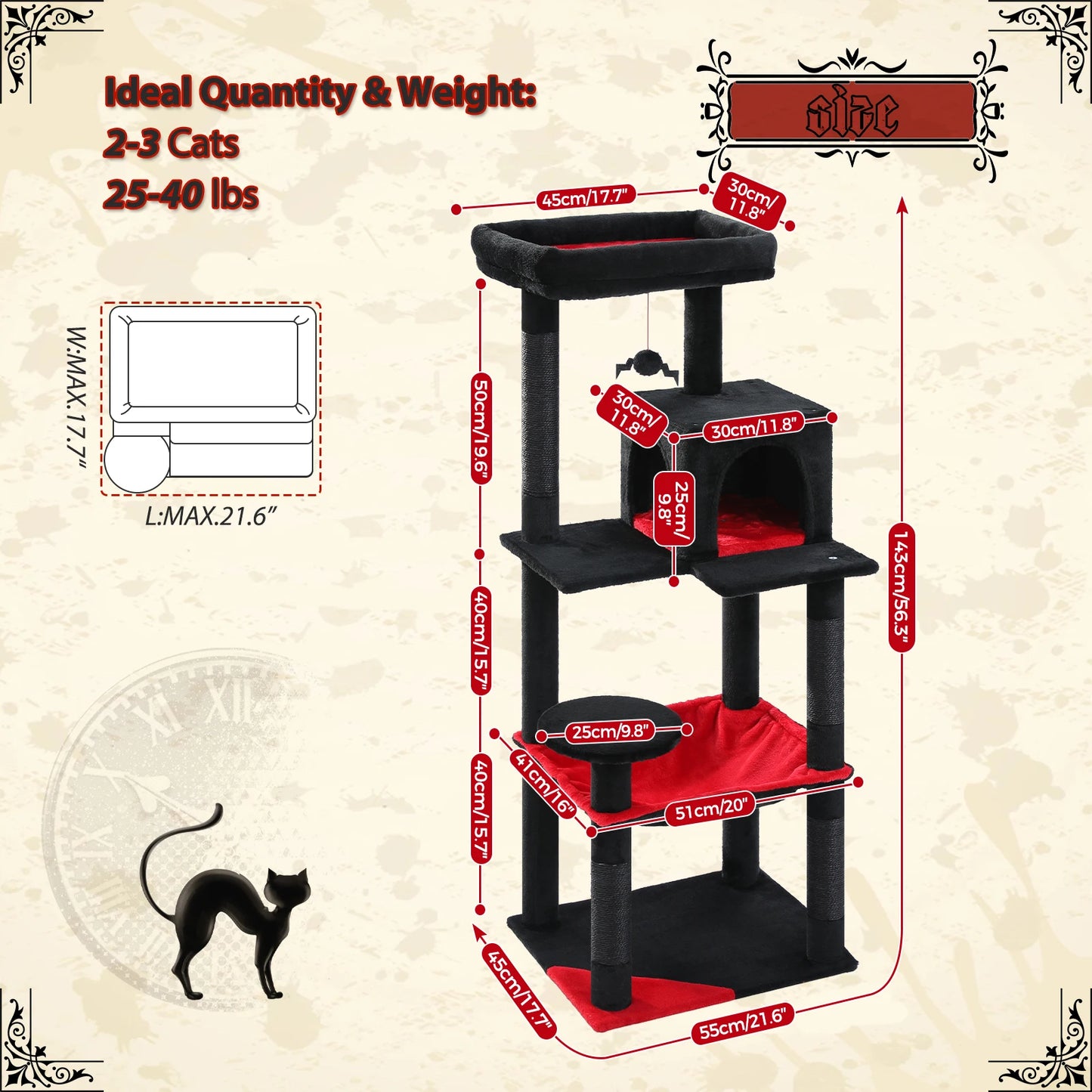 Gothic Cat Tree for Indoor Cats, Tall Cat Tower with Super Large Hammock, Sisal Covered Scratching Post