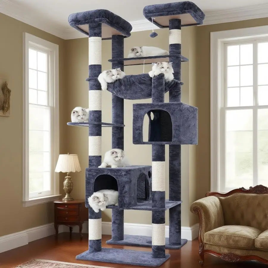 Tall Cat Tree Tower, Heavy Duty Scratching Posts with Large Platforms, Cozy Condos, Big Hammock,