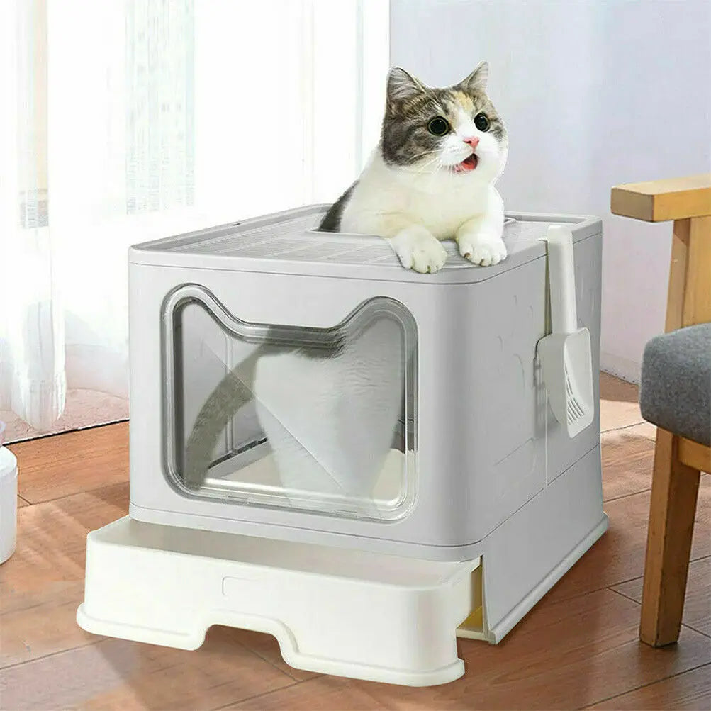 Front Entry Top Exit Cat Litter Box with Lid Foldable Large Kitty Litter Boxes