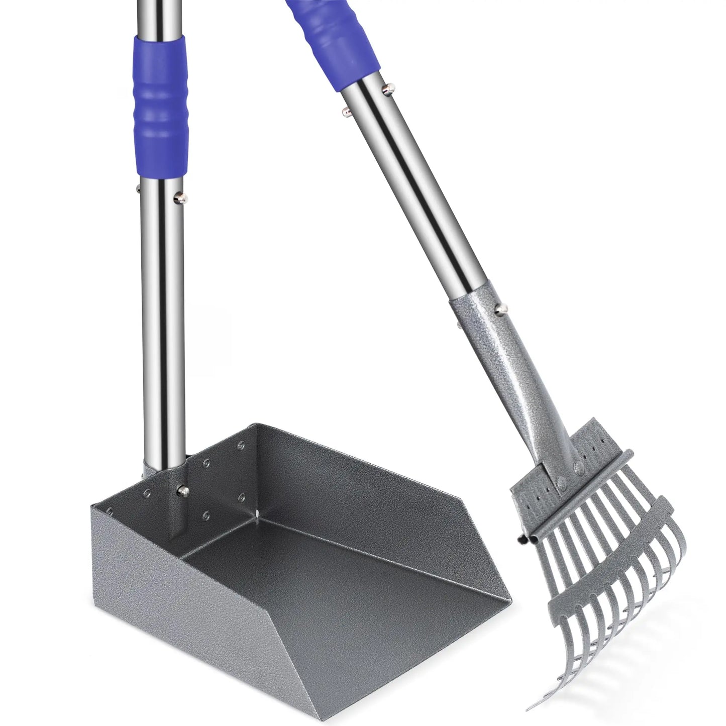 Dog Poop Tray and Rake Set, Pet Waste Removal Scoop with Long Adjustable Sectional Stainless Handles