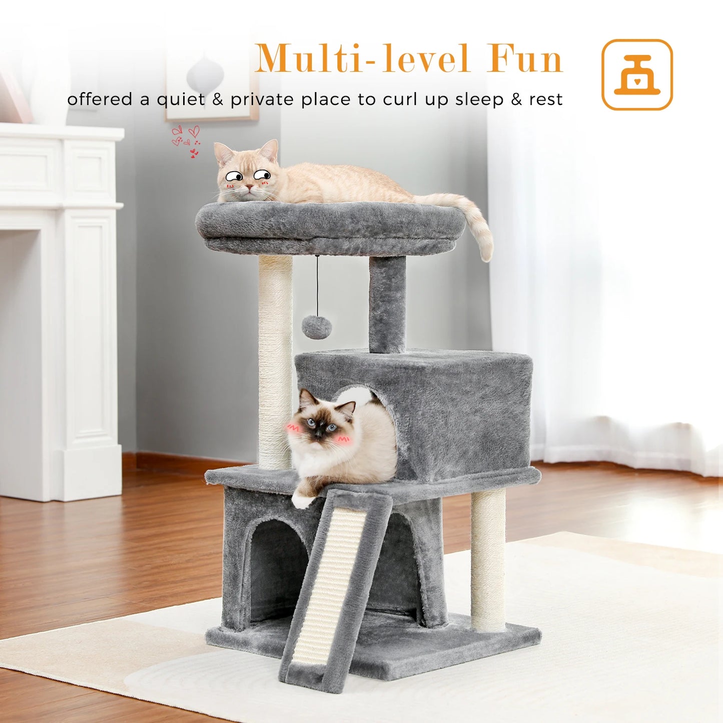 Multi-level Cat Tree with Spacious Perch,Double Condos,Fully Wrapped Scratching Sisal Post