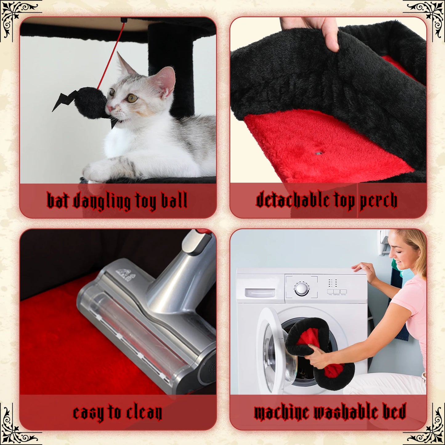 Gothic Cat Tree for Indoor Cats, Tall Cat Tower with Super Large Hammock, Sisal Covered Scratching Post