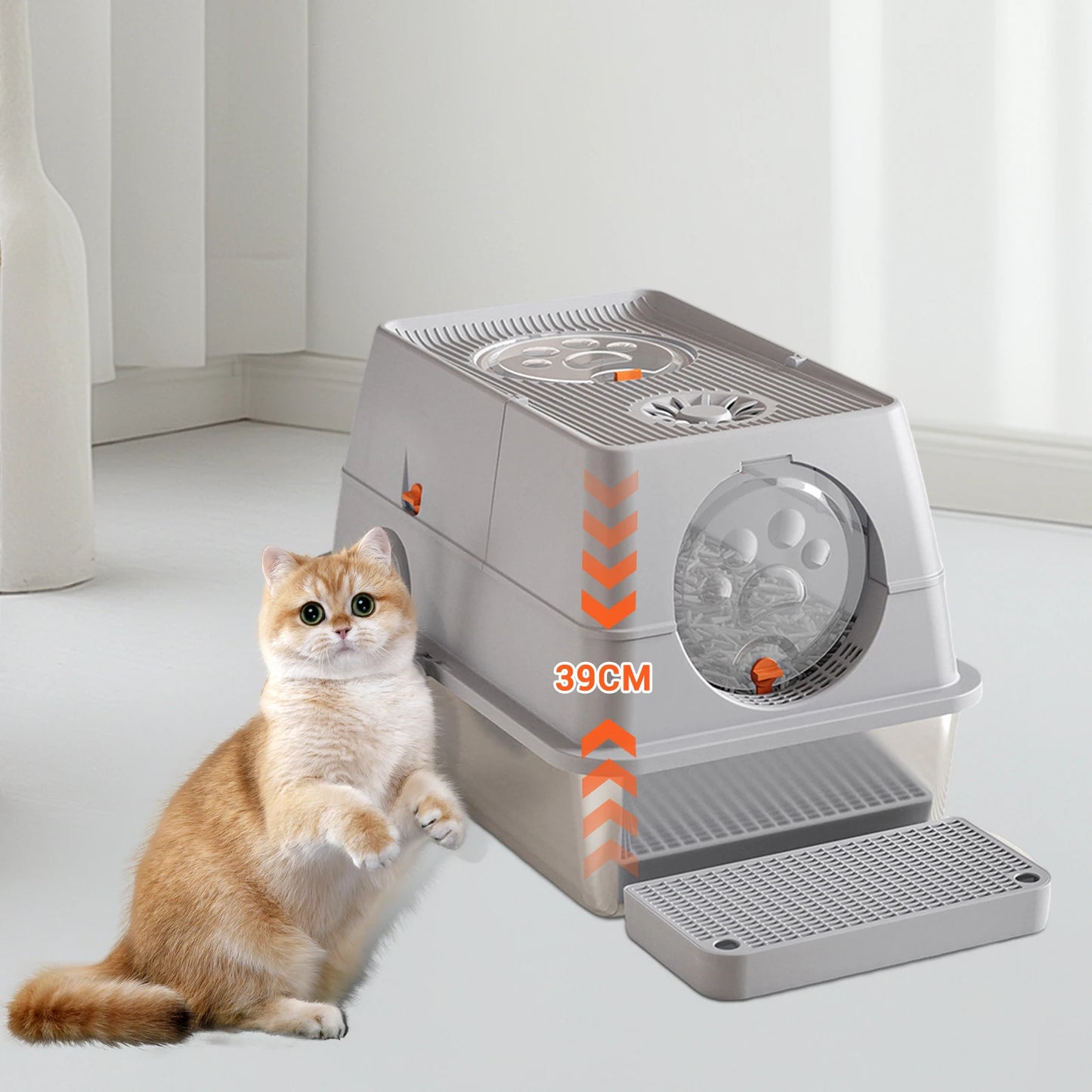 Stainless Steel Cat Litter Box, High Sided Enclosure Cat Toilet With Lid,