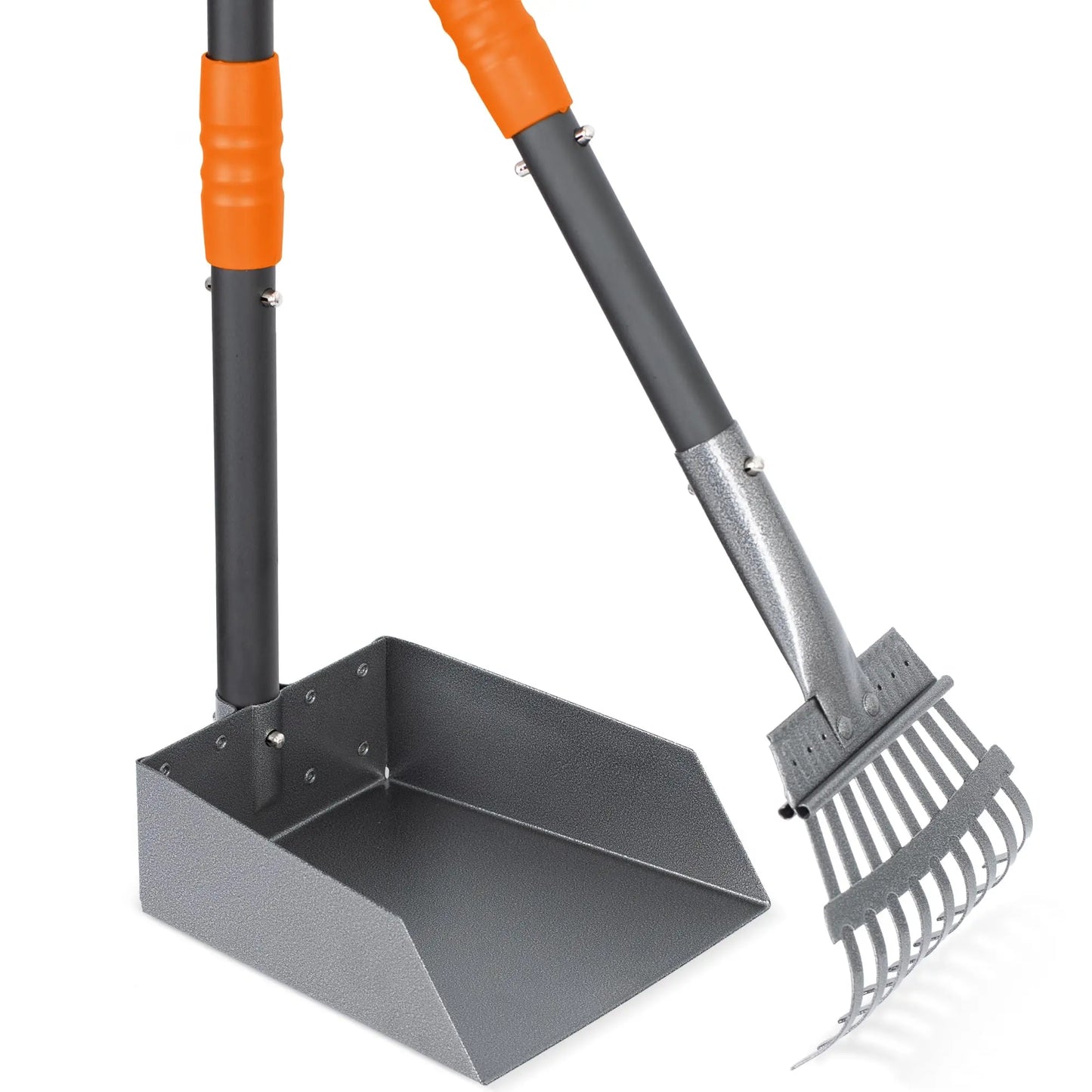 Dog Poop Tray and Rake Set, Pet Waste Removal Scoop with Long Adjustable Sectional Stainless Handles