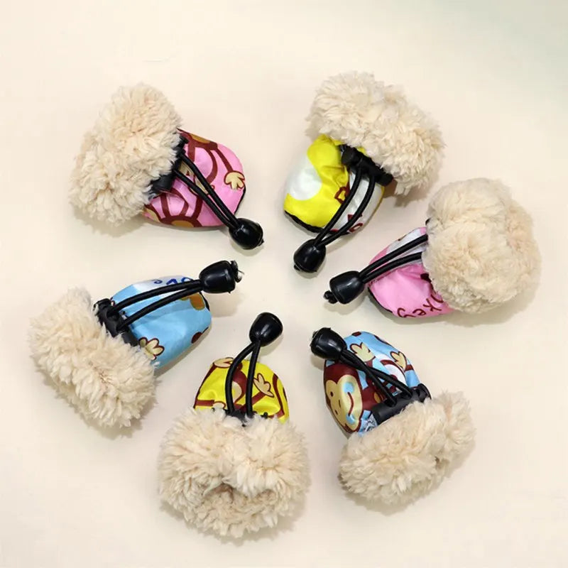 4 Pack/set Pet Winter Dogs Rain Boots With Fleece Liner Cartoon Waterproof Anti Slip Shoes For Dogs
