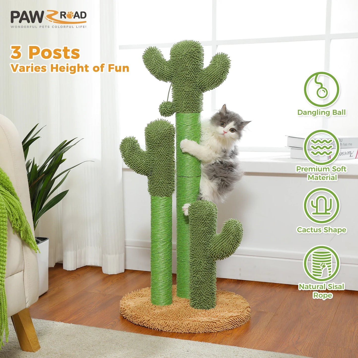 Cactus Cat Scratcher with 3 Sisal Scratching Poles Interactive Dangling Ball Cat Toys