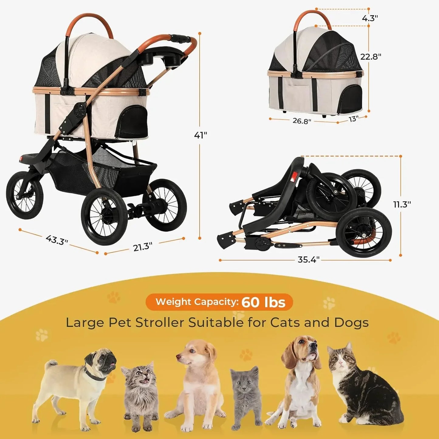 3-in-1 Large Dog Stroller Detachable Carrier, Zipperless Dual Entry, Foldable Jogger