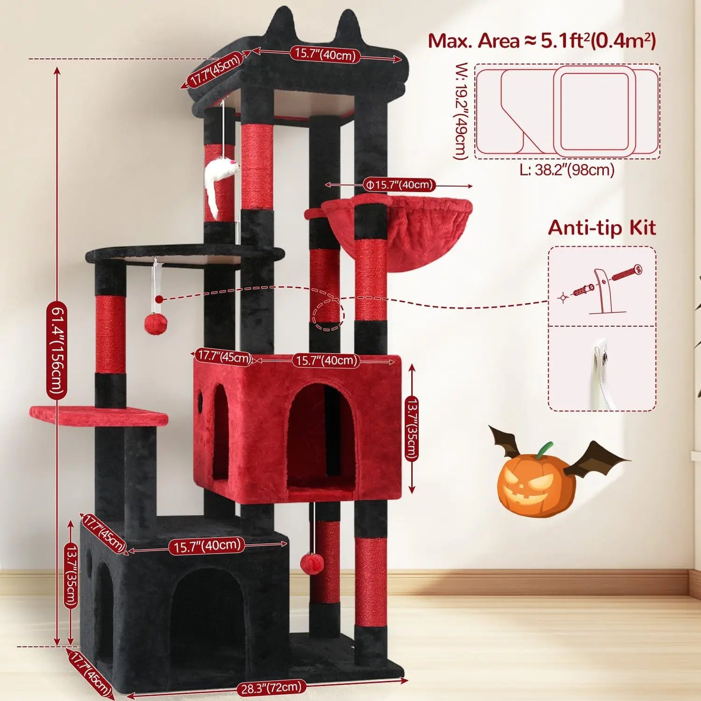 Gothic Cat Tree for Large Indoor Cats, 61-inch Tower with Scratching Posts, Top Perch & Condos