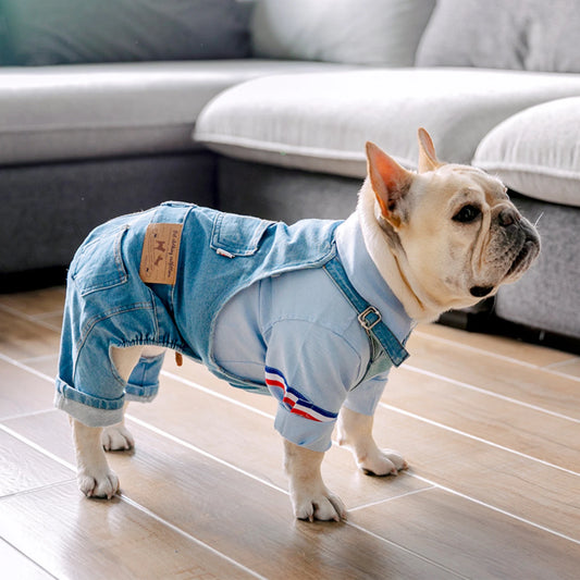 French Bulldog Denim Jumpsuit - Stylish Pet Clothes for All Seasons, Adjustable