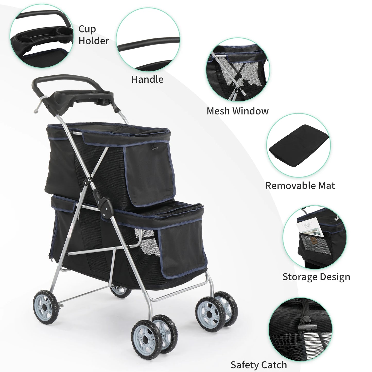 Pet Stroller for 2 Dogs Cats, Double 4 Wheel Cat Pet Carriers Bag Jogger for S M Pets, Waterproof Folding Crate with Soft Pad