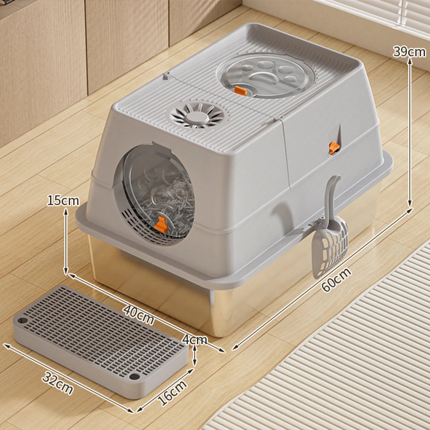 Stainless Steel Cat Litter Box, High Sided Enclosure Cat Toilet With Lid,